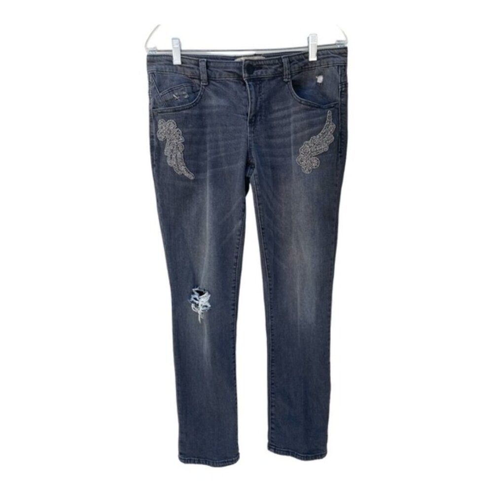 Democracy Womens Distressed Black Straight Angle Wing Detailing Jeans Sz 4
